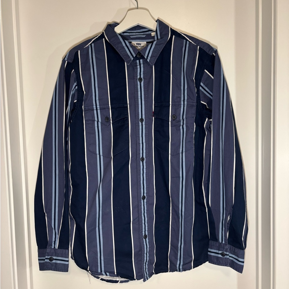 Levi's Men's Navy and Light Blue Striped Shirt